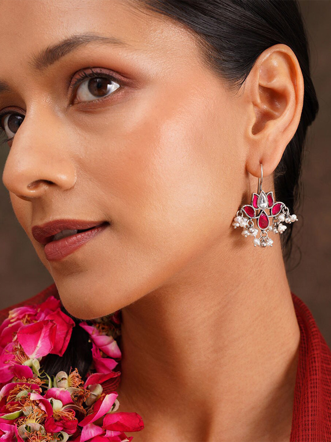

JAYPORE Oxidised Kundan Stone Studded & Beaded Drop Earrings, Silver