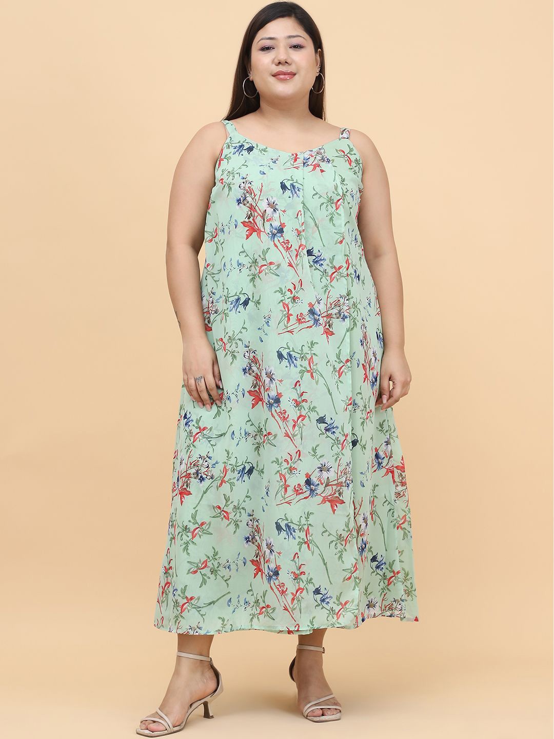 

theRebelinme Floral Print Georgette A-Line Midi Dress, Green