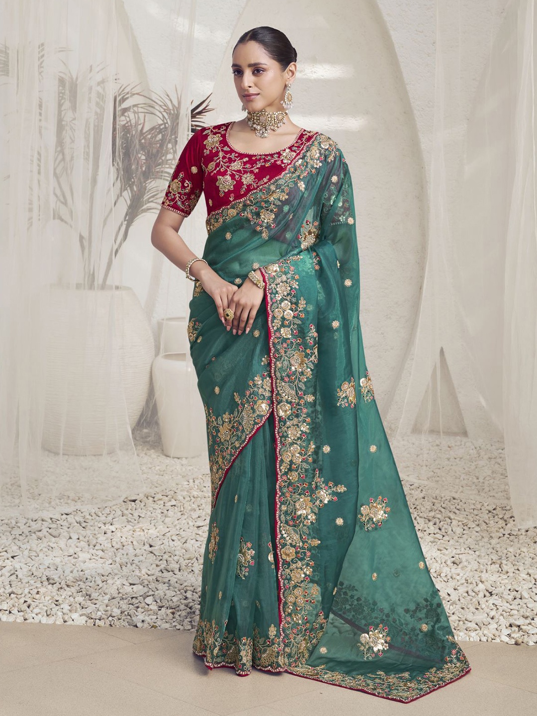 

ODETTE Embellished Embroidered Organza Saree, Sea green