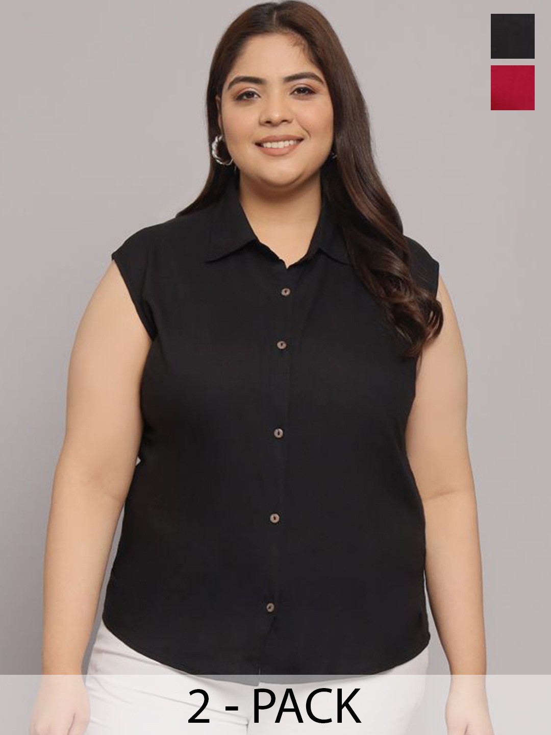 

Funday Fashion Women Pack Of 2 Spread Collar Solid Cotton Plus Size Casual Shirt, Black