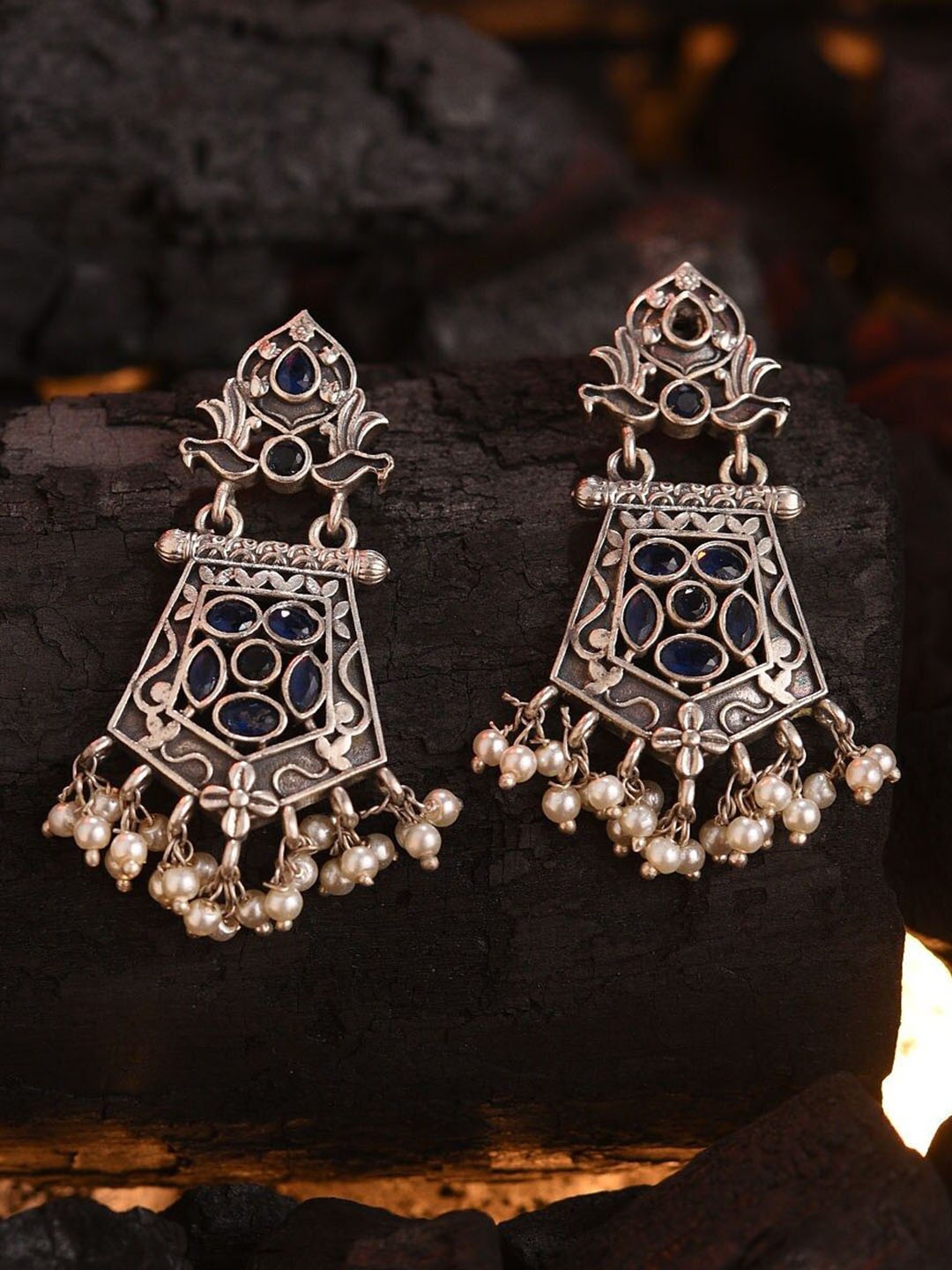

JAYPORE Contemporary Oxidised Drop Earrings, Silver