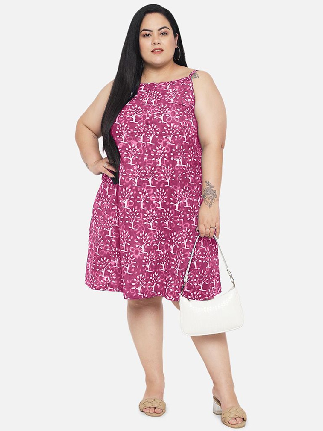 

Indietoga Floral Printed A-Line Midi Plus Size Dress, Pink