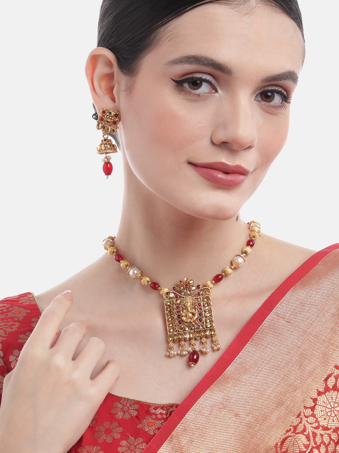 

MANSIYAORANGE Gold Plated Kundan Studded Temple Jewellery Set