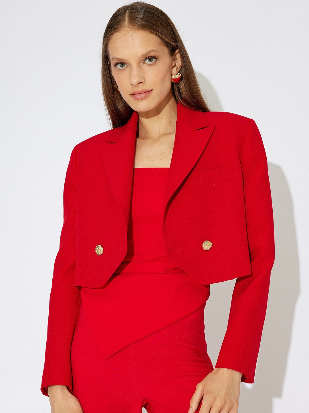 

Koton Women Lapel Collar Solid Casual Tailored Jacket, Red