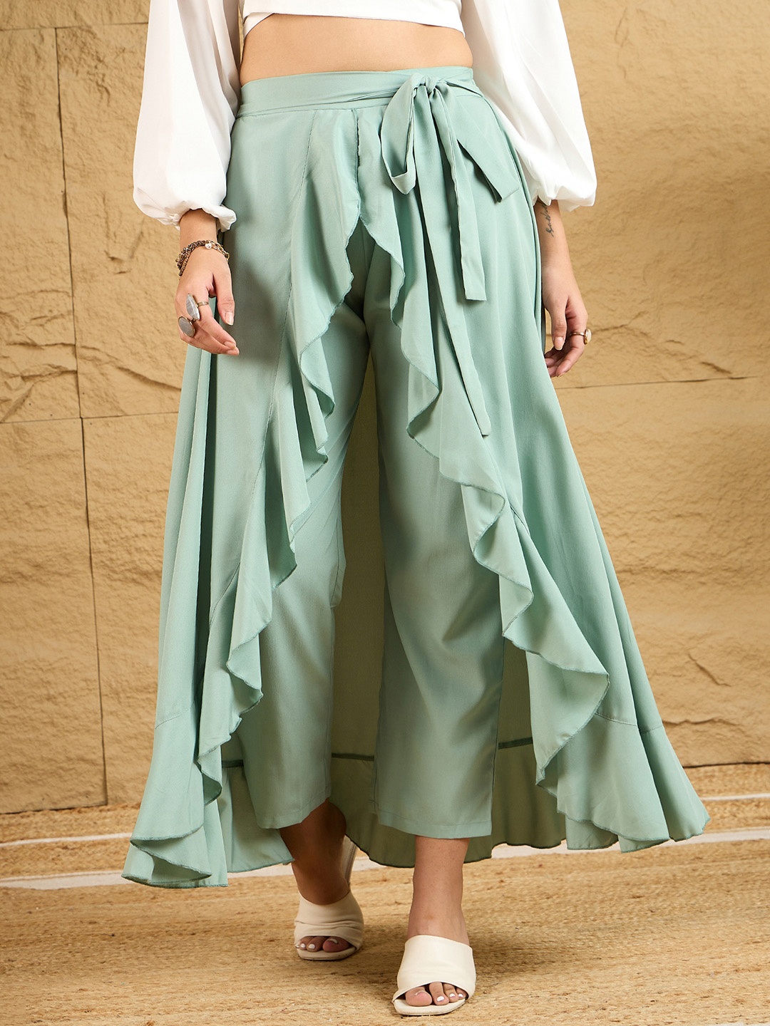 

Berrylush Women Ruffled Flared Maxi Skirt With Attached Trousers, Green