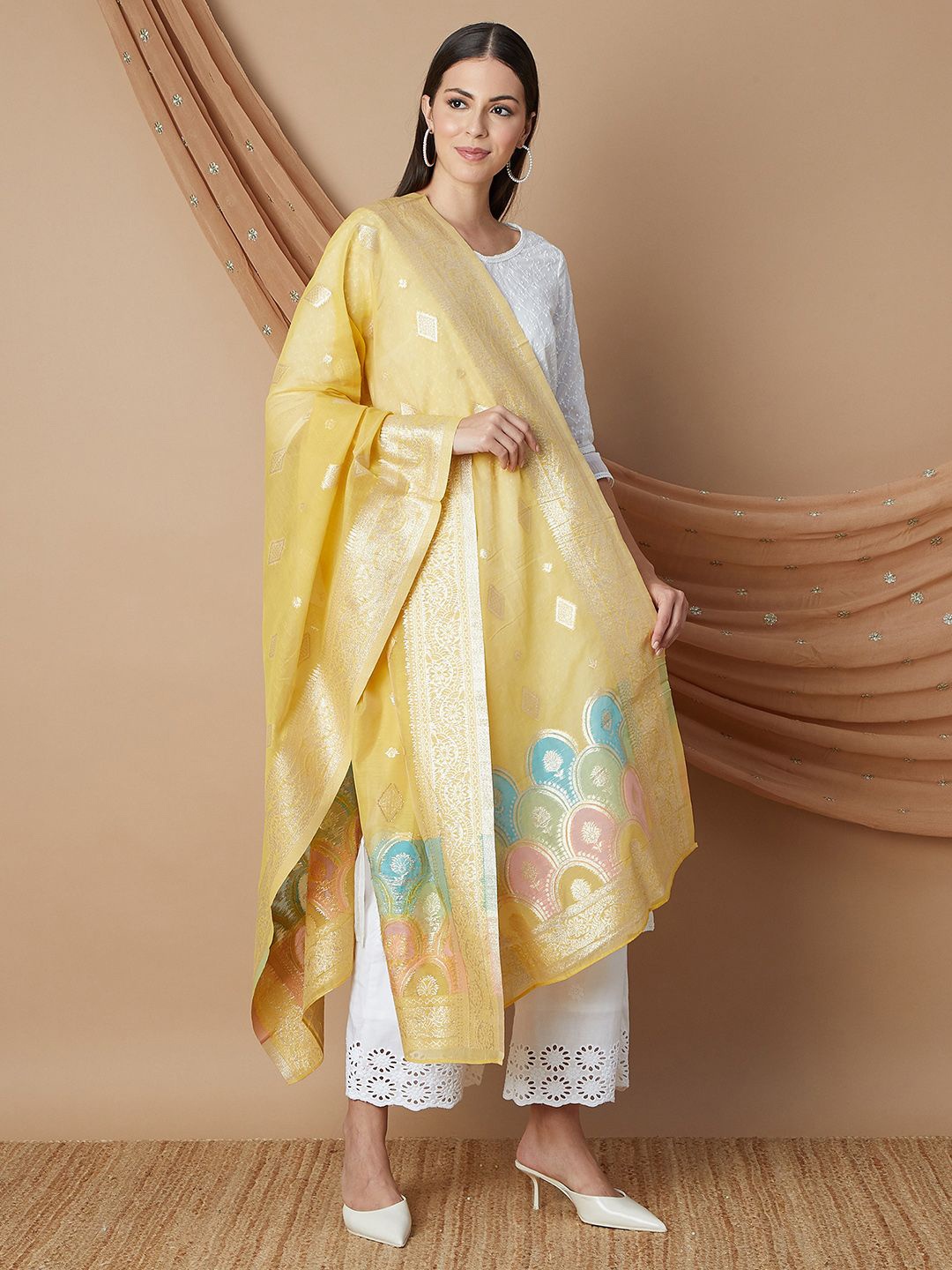 

Melange by Lifestyle Floral Embroidered Dupatta with Zari, Mustard