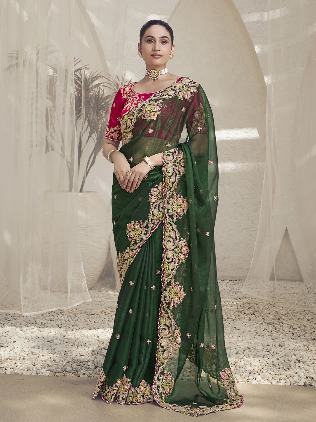 

ODETTE Embroidered Poly Georgette Saree, Green