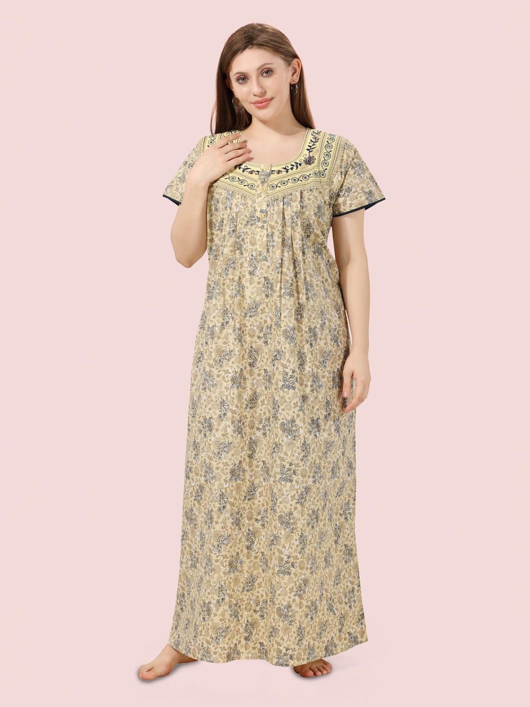 

Soulemo Women Printed Pure Cotton Maxi Nightdress, Yellow