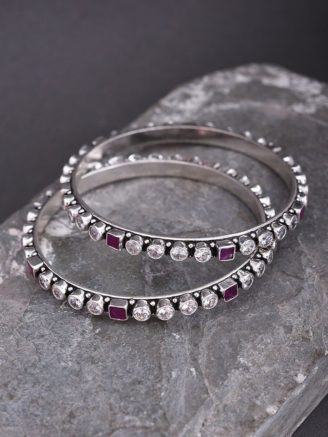 

JAYPORE Set Of 2 Silver Stone-Studded Bangles