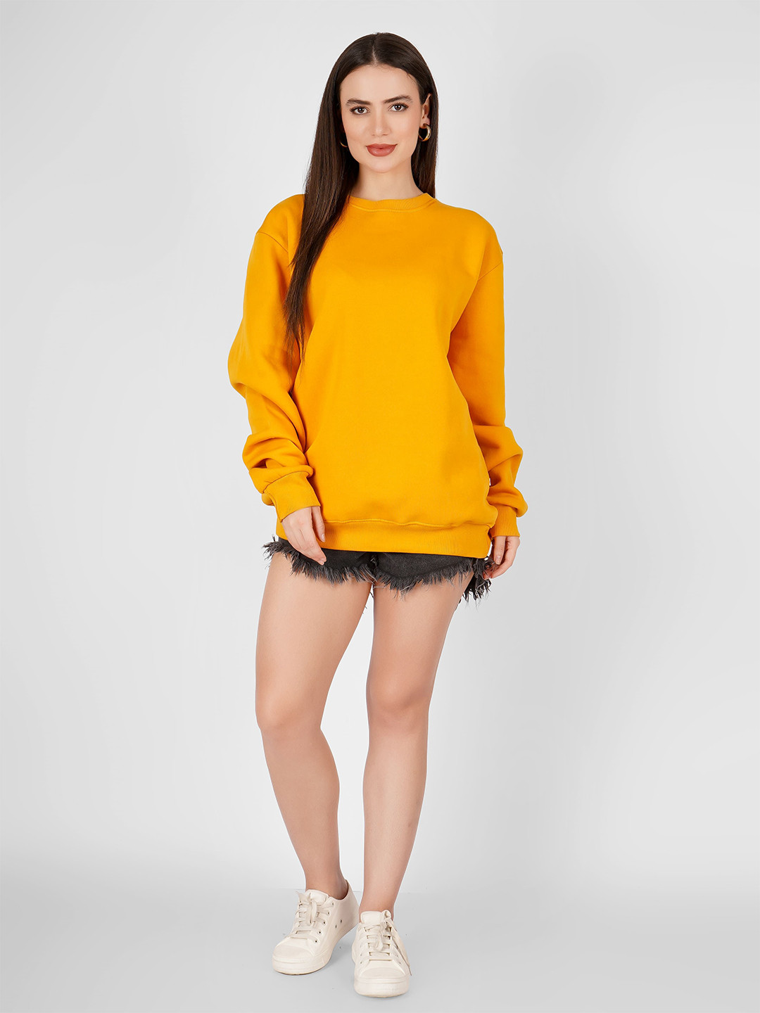 

MIMID Women Round Neck Relaxed Fit Cotton Sweatshirt, Mustard