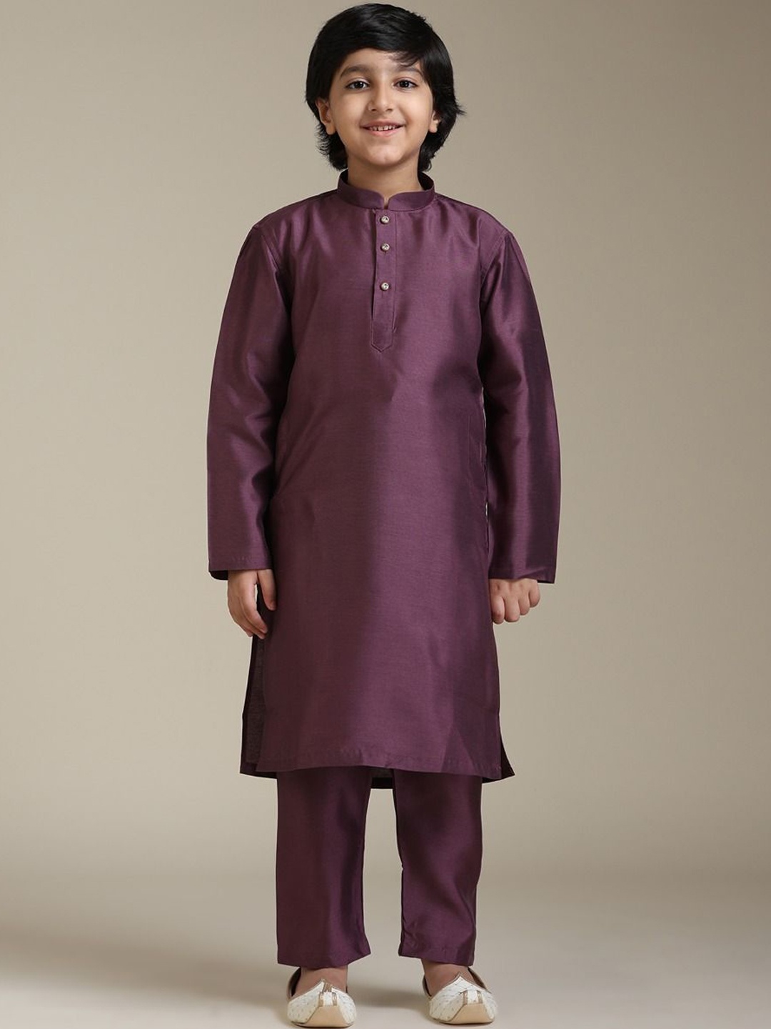 

Manyavar Boys Mandarin Collar Straight Kurta and Trouser with Nehru Jacket, Purple