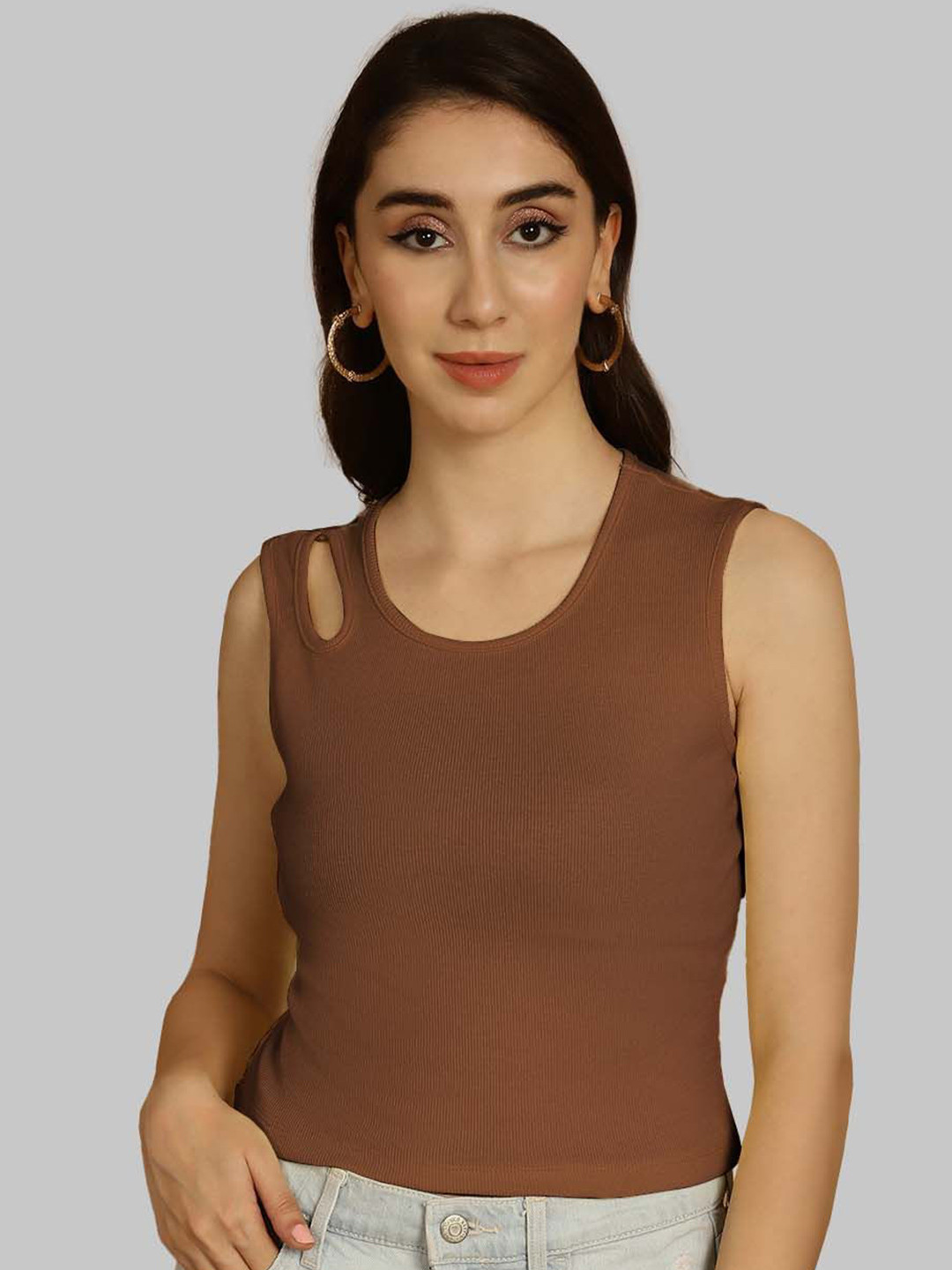 

Friskers Keyhole Neck Cotton Crop Top, Brown