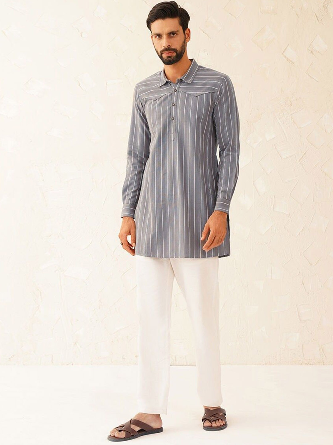 

JAYPORE Striped Shirt Collar Pure Cotton Straight Kurta, Grey