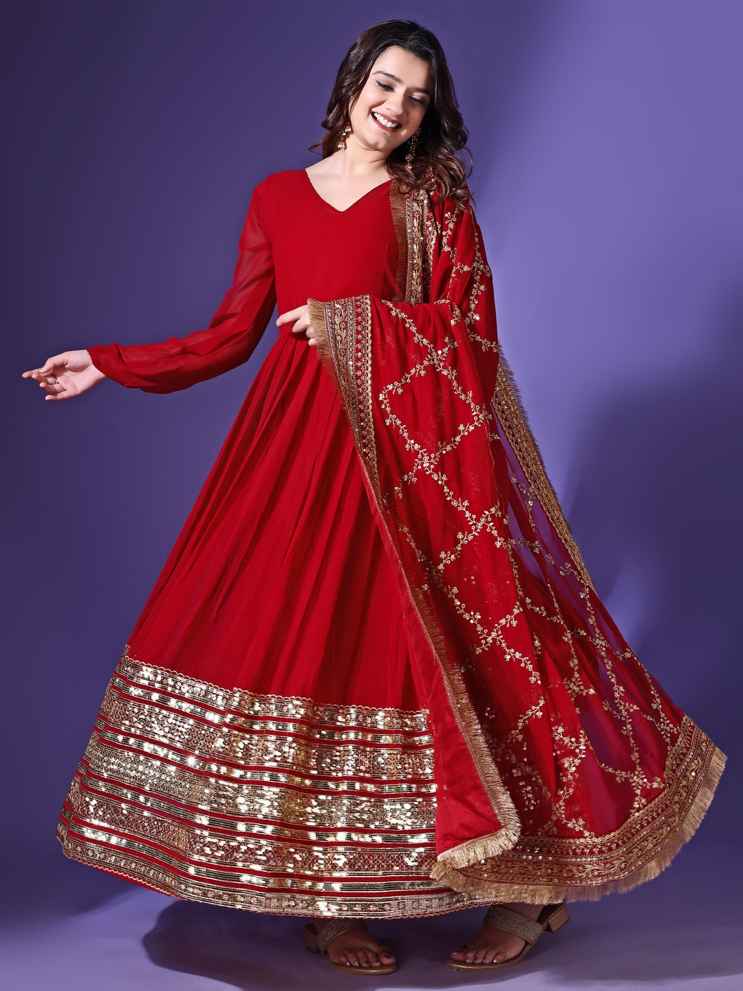 

KALINI Ethnic Motifs Embroidered Georgette Anarkali Kurta with Dupatta, Maroon