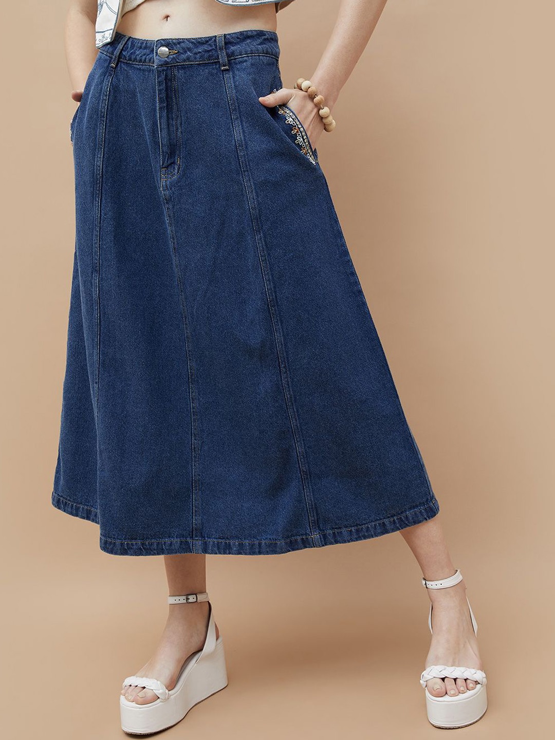 

Colour Me by Melange Flared Cotton Midi Skirts, Blue