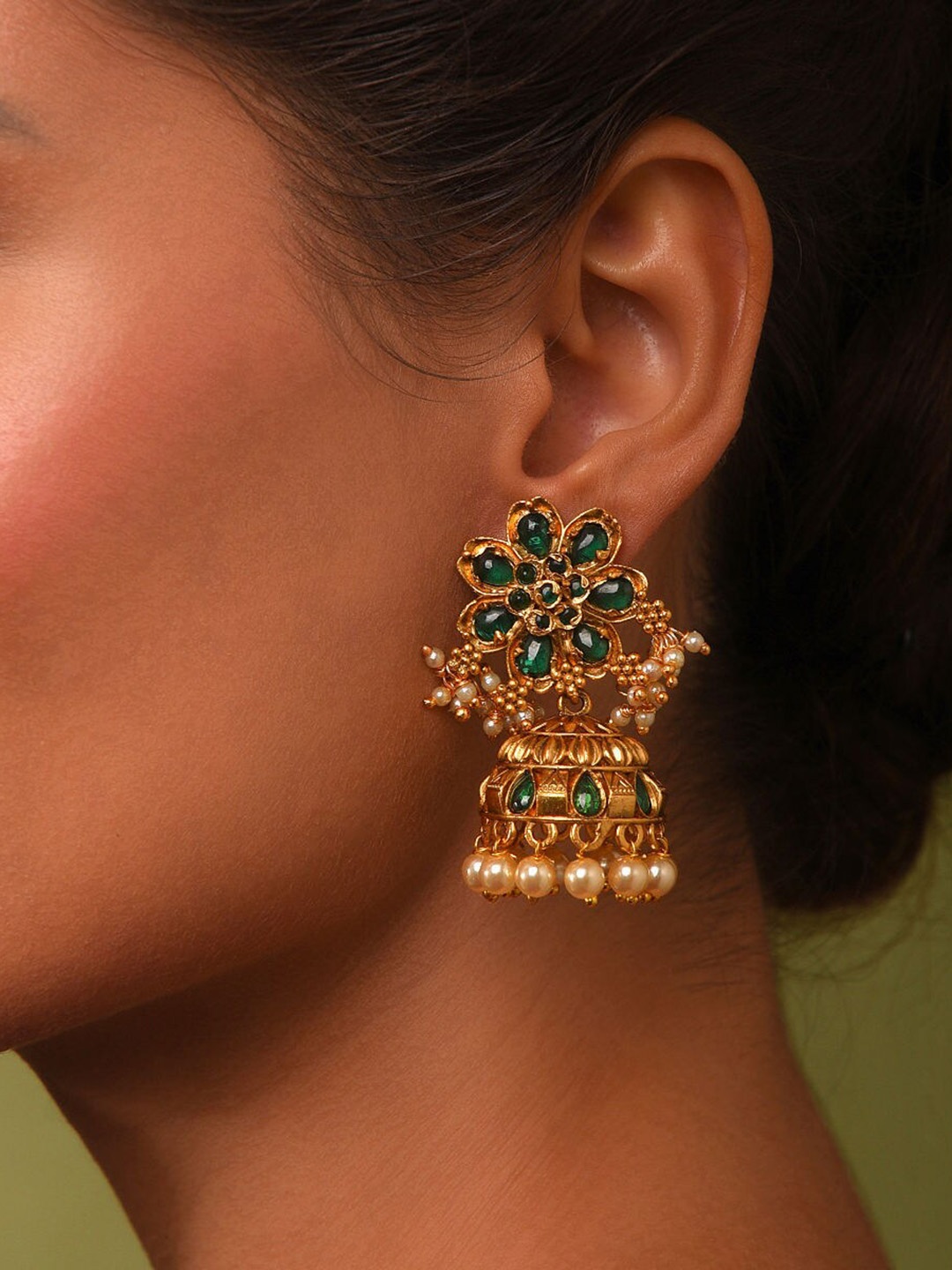 

JAYPORE Turquoise Studded Dome Shaped Jhumkas, Gold