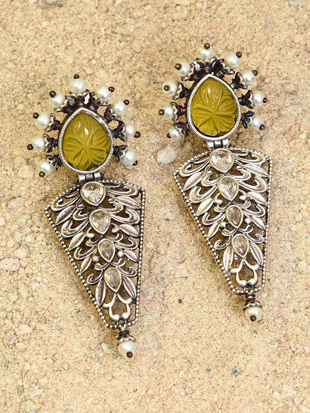 

JAYPORE Stone Studded & Beaded Contemporary Drop Earrings, Silver