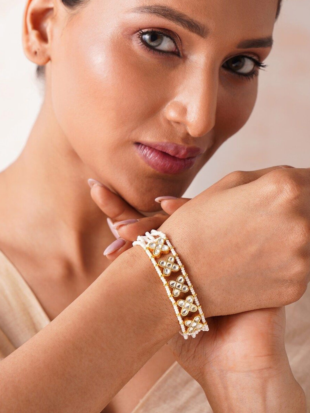 

JAYPORE Gold-Plated Stone Studded & Beaded Wraparound Bracelet