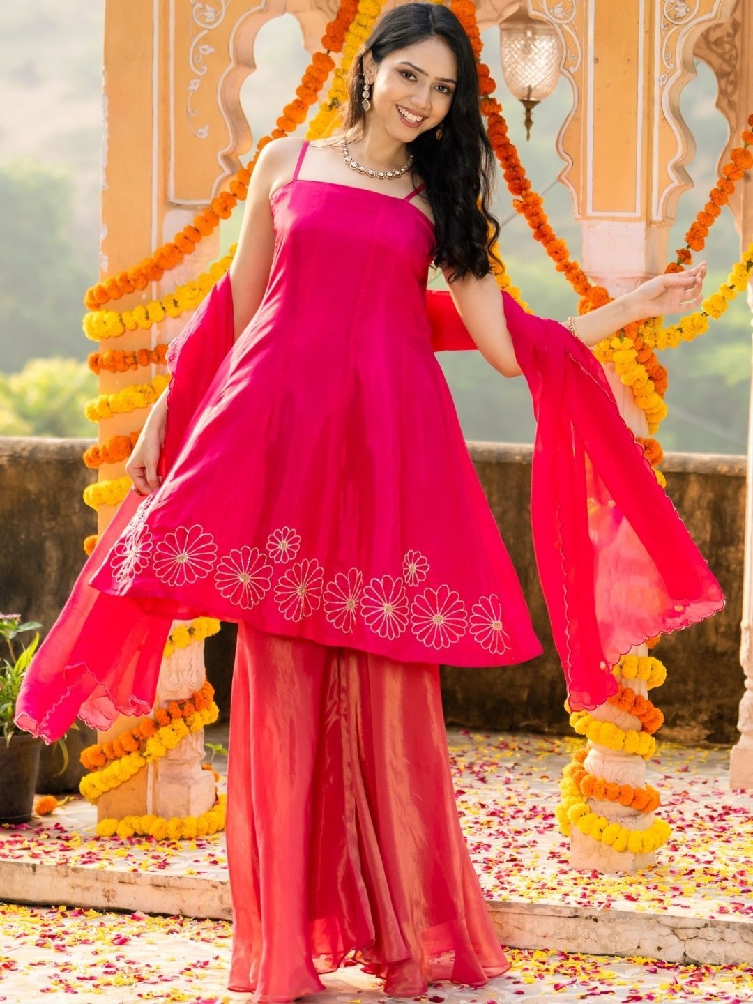 

HOUSE OF JAMOTI Floral Thread Work A Line Kurti with Sharara & Dupatta, Pink