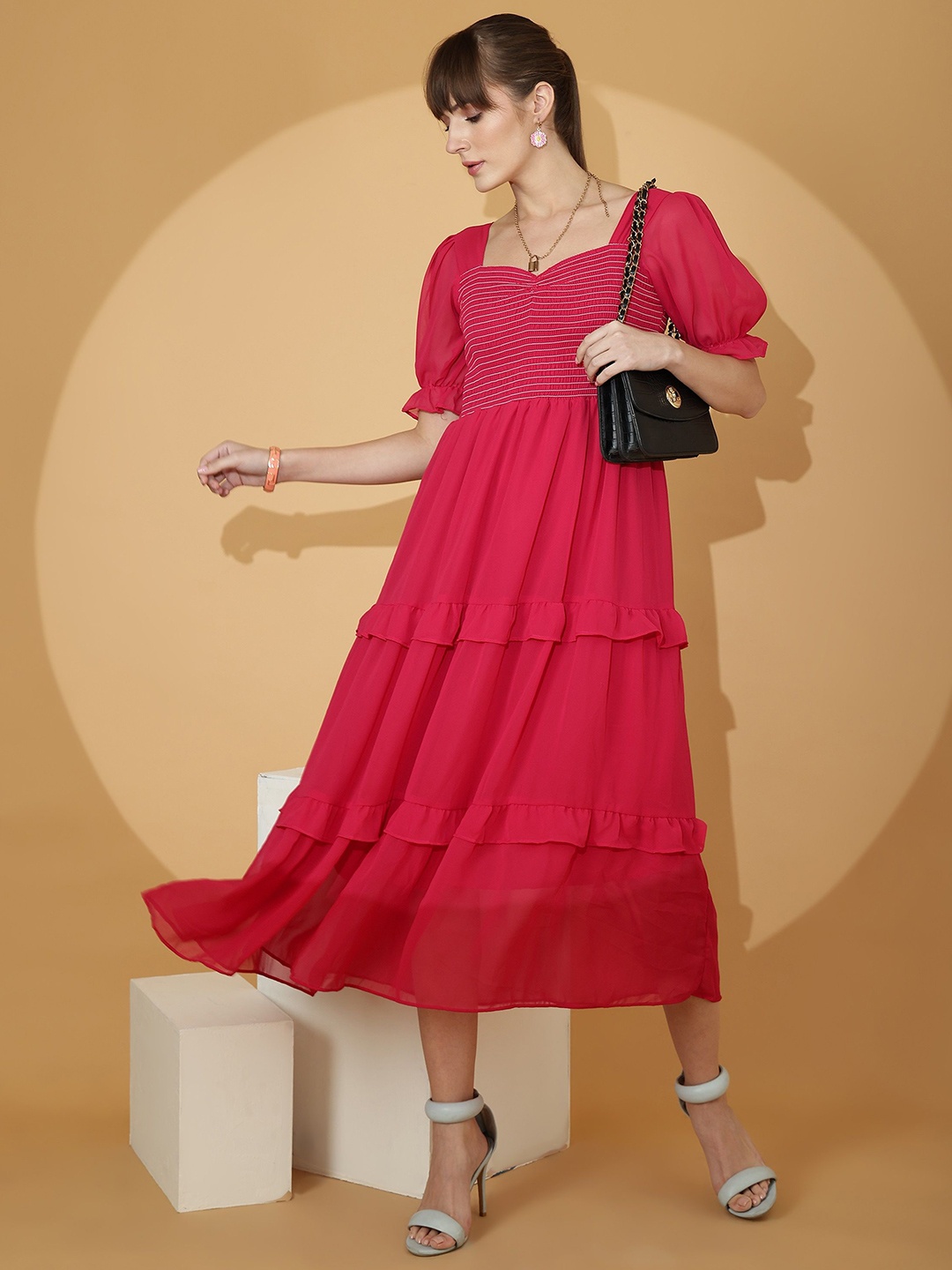 

SHEETAL Associates Puff Sleeve Georgette Fit & Flare Midi Dress, Pink
