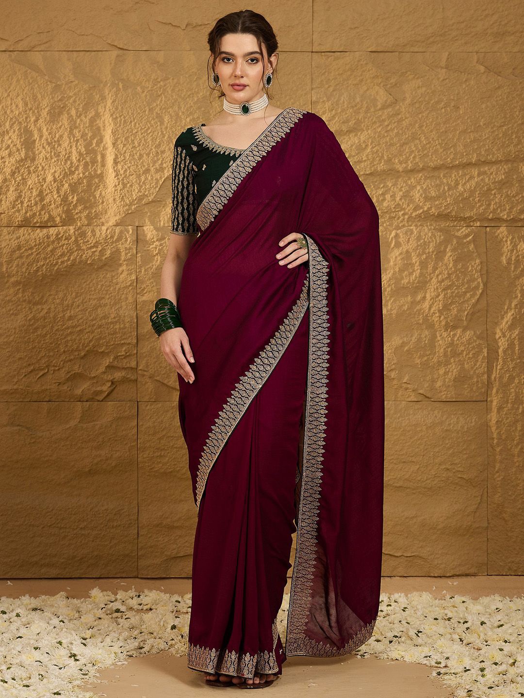 

Anouk Beads and Stones Embellished Border Solid Saree With Blouse Piece, Magenta