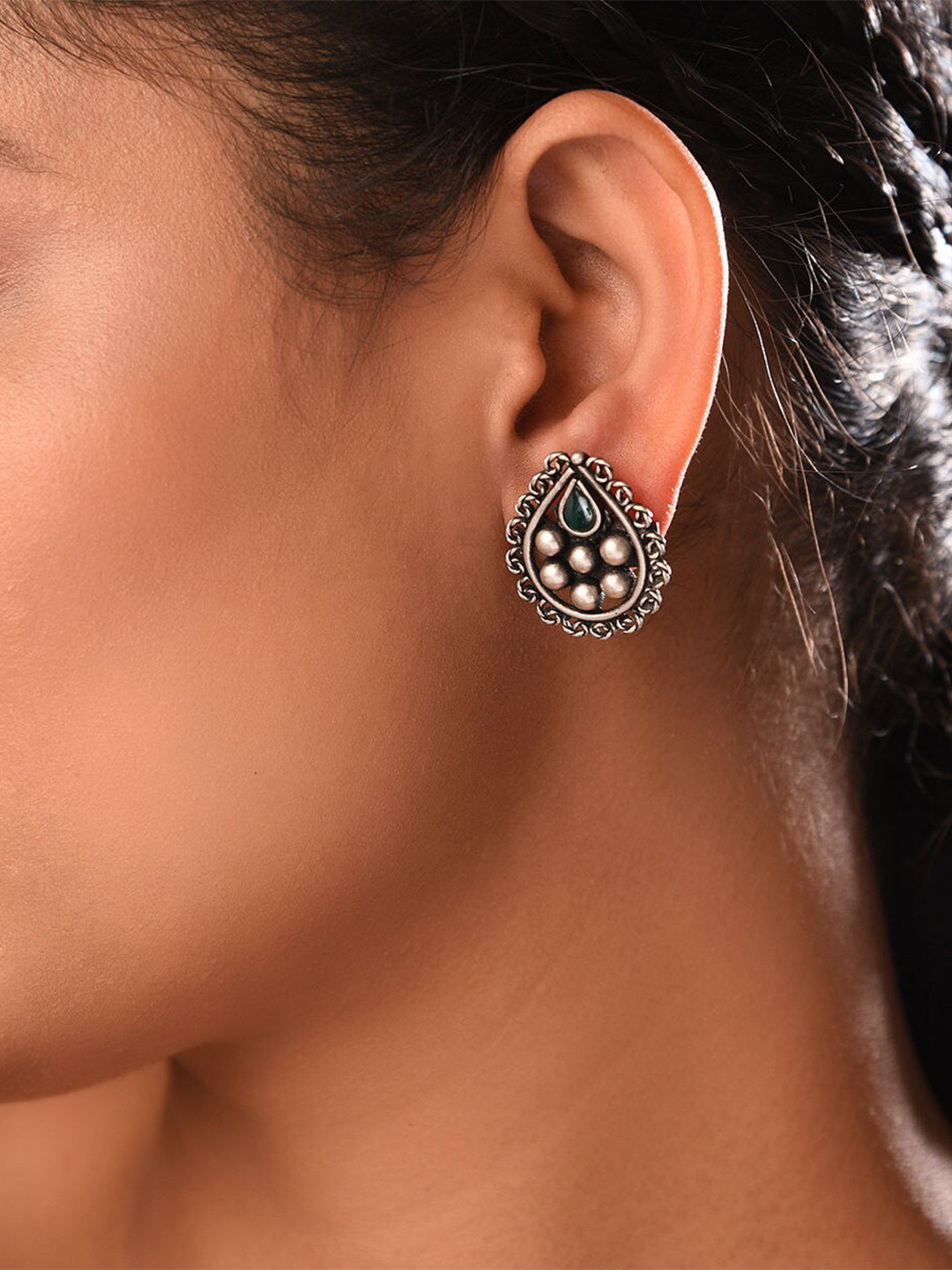 

JAYPORE Oxidised Teardrop Shaped Studs, Silver