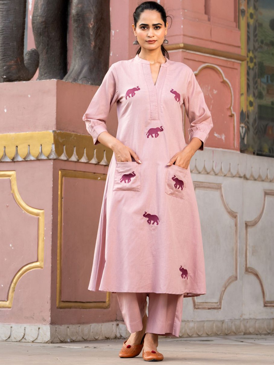 

KALINI Conversational Embroidered Mandarin Collar Pure Cotton A-Line Kurta With Palazzos, Pink