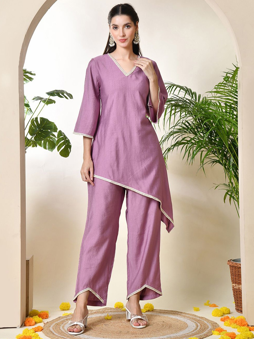 

Sangria V-Neck Three-Quarter Flared Sleeves Top With Trouser, Lavender