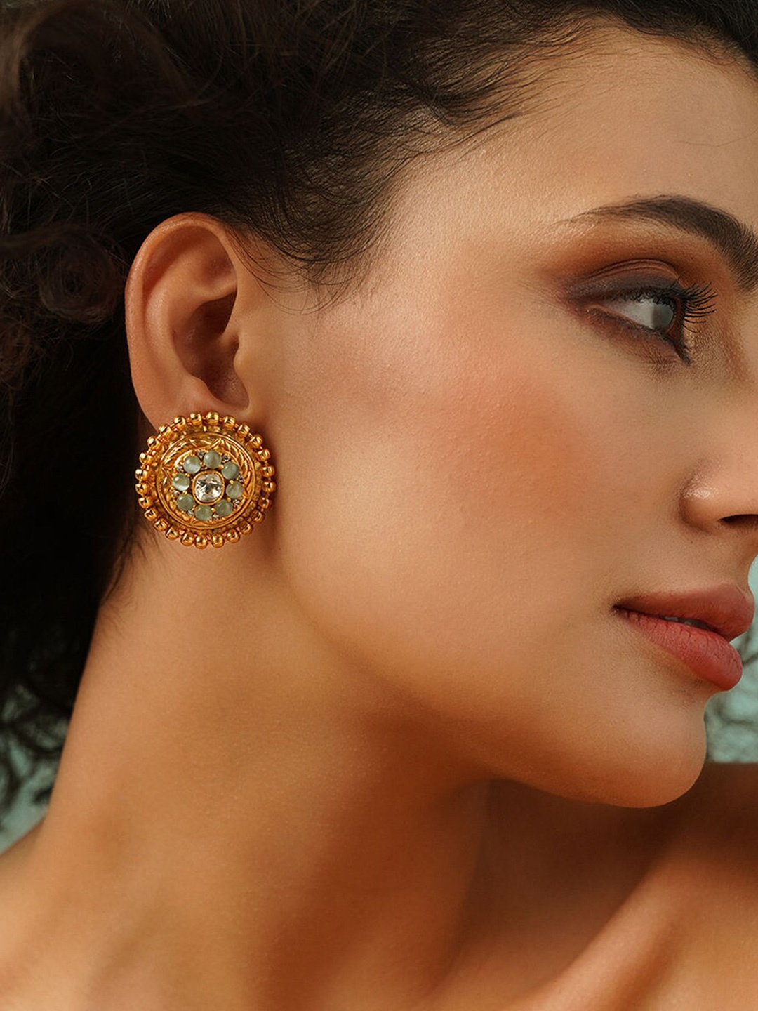 

JAYPORE Floral Shaped Kundan Stone Studded Studs, Gold