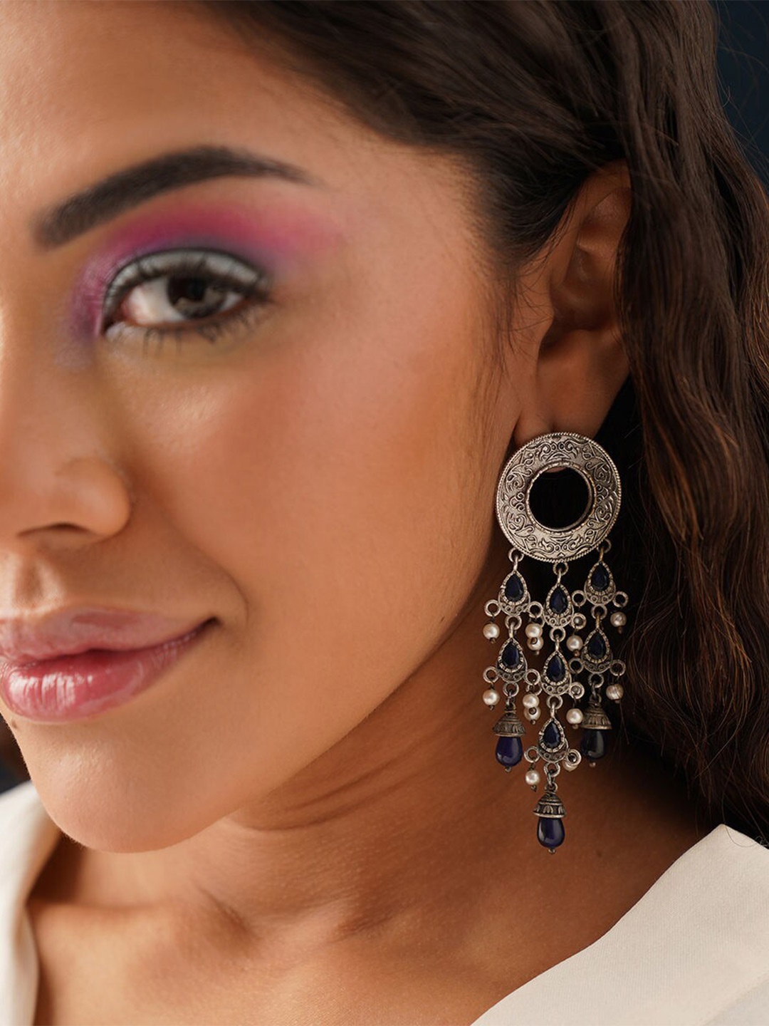 

JAYPORE Stone Studded Contemporary Drop Earrings, Silver