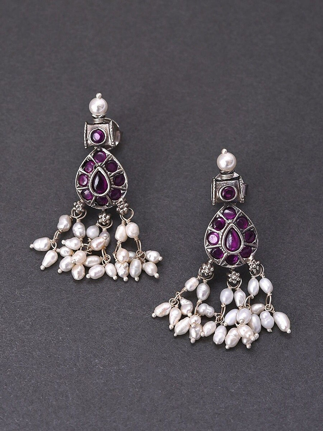 

JAYPORE Stone Studded & Beaded Drop Earrings, Silver