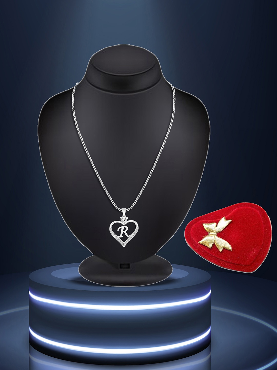 

Lila Silver-Plated CZ Studded Stainless Steel Alphabet 'R' Heart Shaped Pendant With Chain