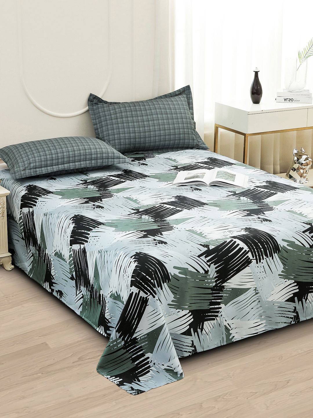 

Story@home Green & White Abstract Printed 240 TC Satin Finish Queen Bedsheet Set