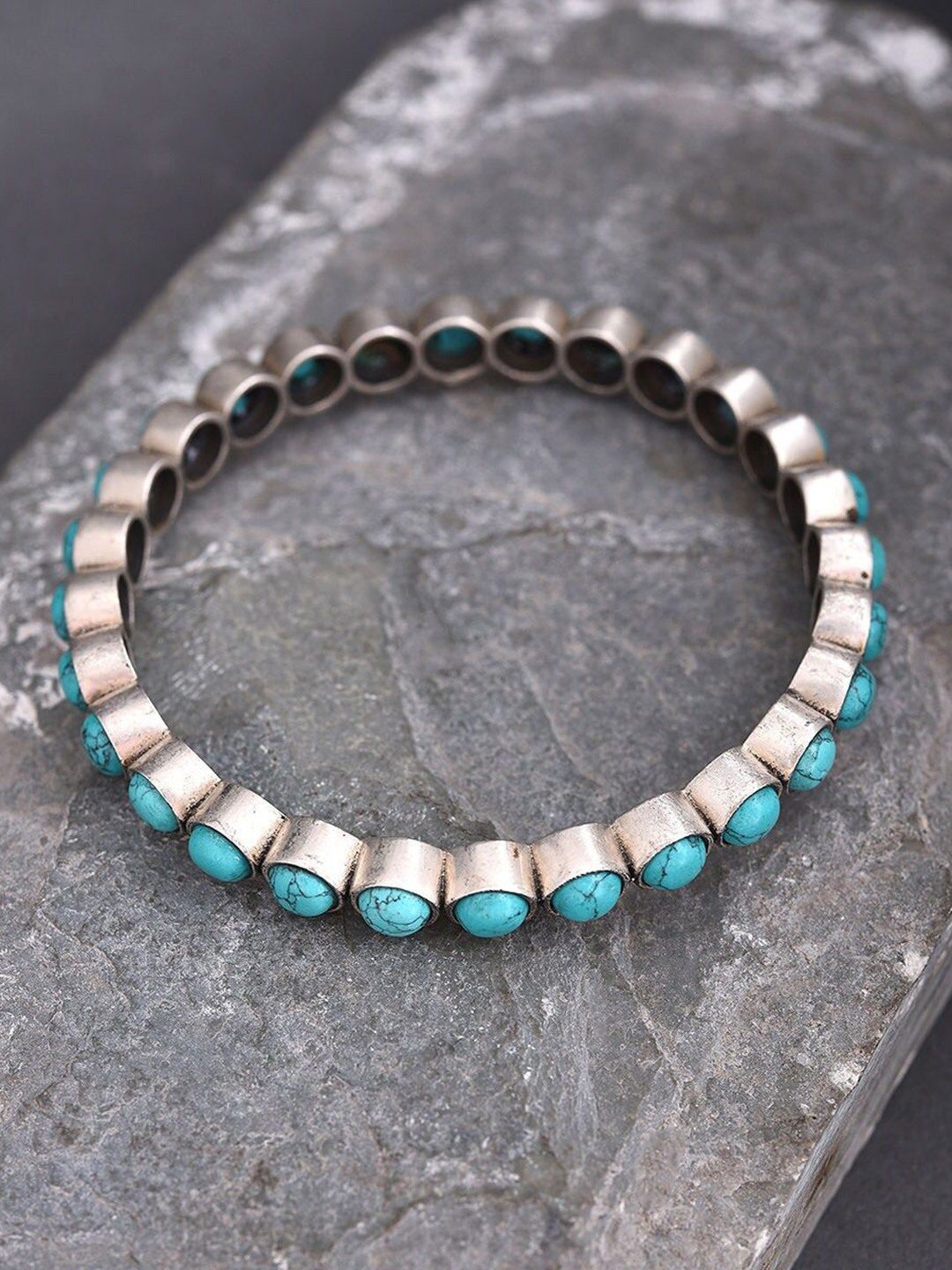 

JAYPORE Silver-Plated Turquoise Stone Studded Bangle