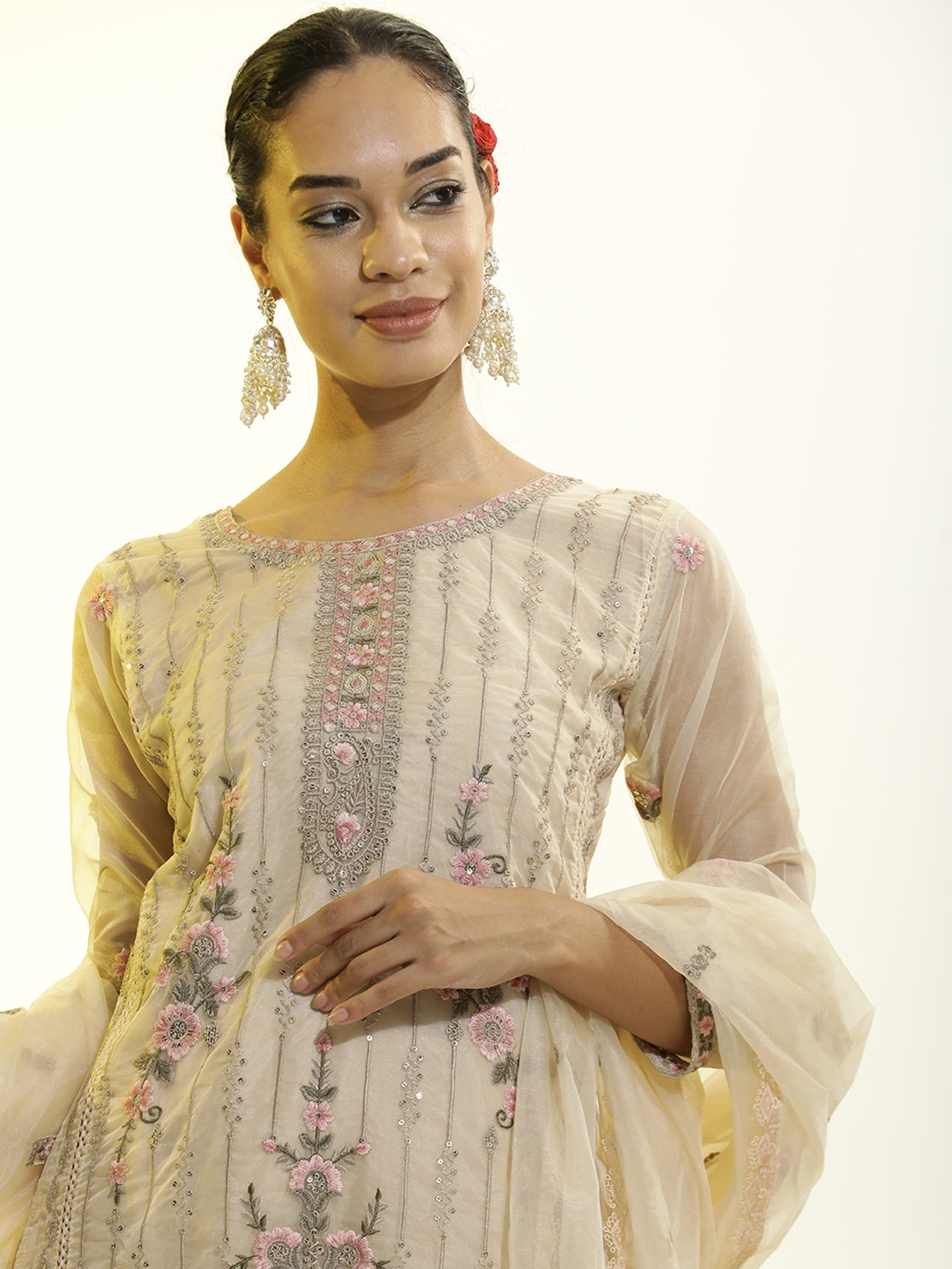 

Jaipur Kurti Heavy Embroidered Organza Festive Kurta Set With Dupatta, Cream