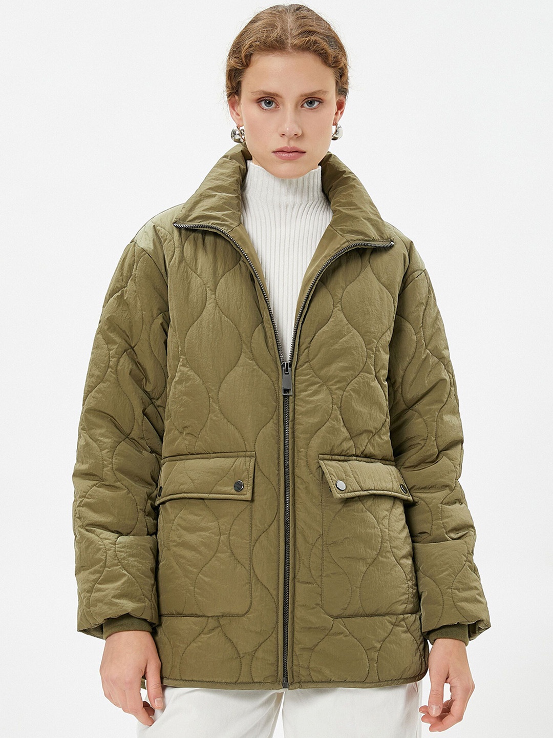 

Koton Women Mock Collar Solid Casual Quilted Jacket, Green