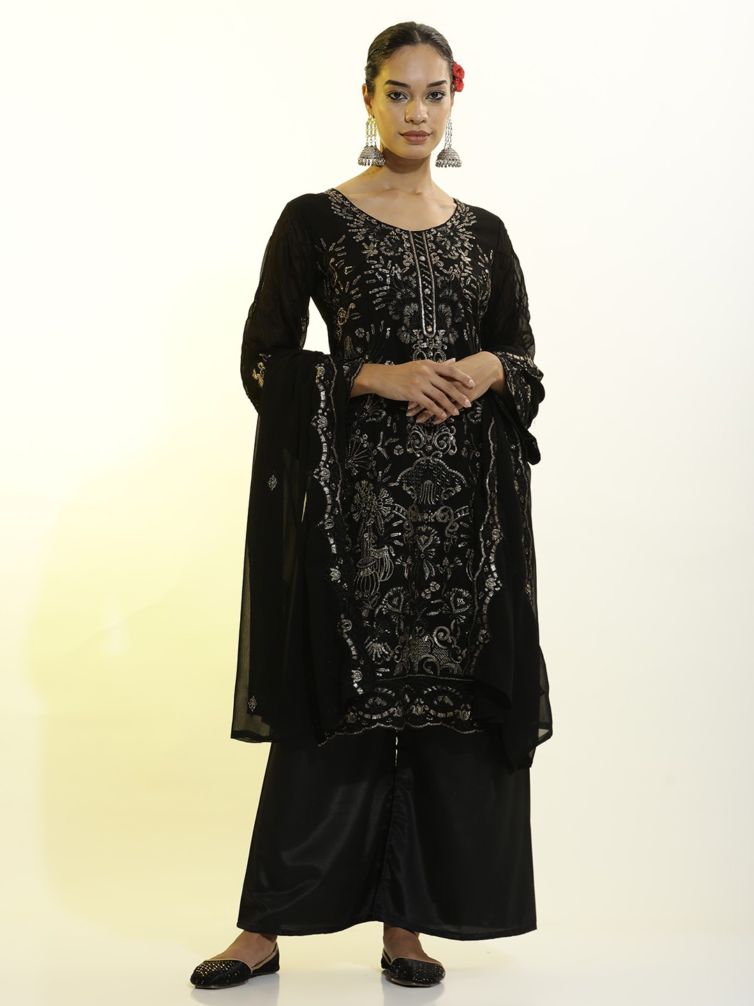 

Jaipur Kurti Sequins Embroidered Georgette Festive Kurta Set With Dupatta, Black