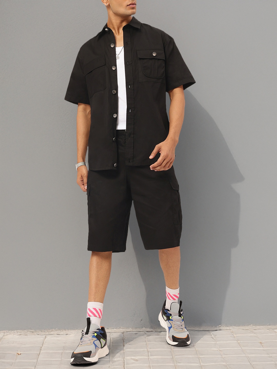 

Kook N Keech Street Smart Styles Shirt with Cargo Shorts Co-ords, Black