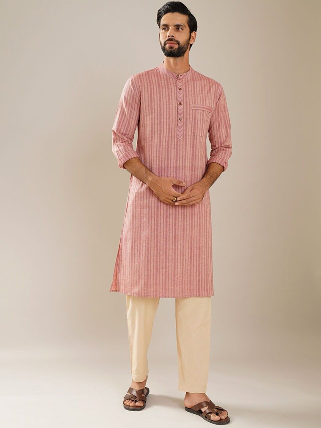 

JAYPORE Striped Woven Design Band Collar Pure Cotton Straight Kurta, Pink