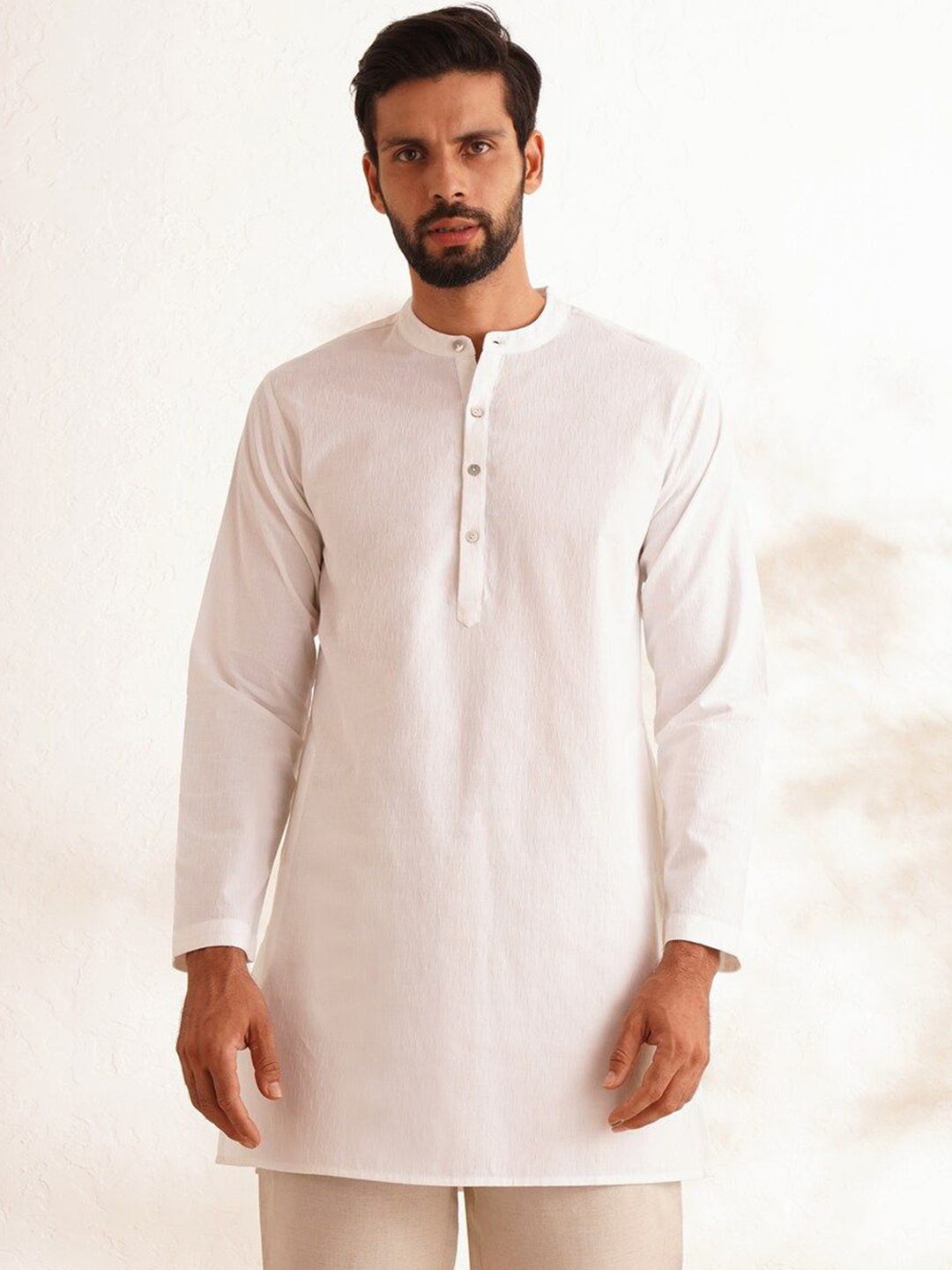 

JAYPORE Woven Design Band Collar Dobby Cotton Straight Kurta, Off white