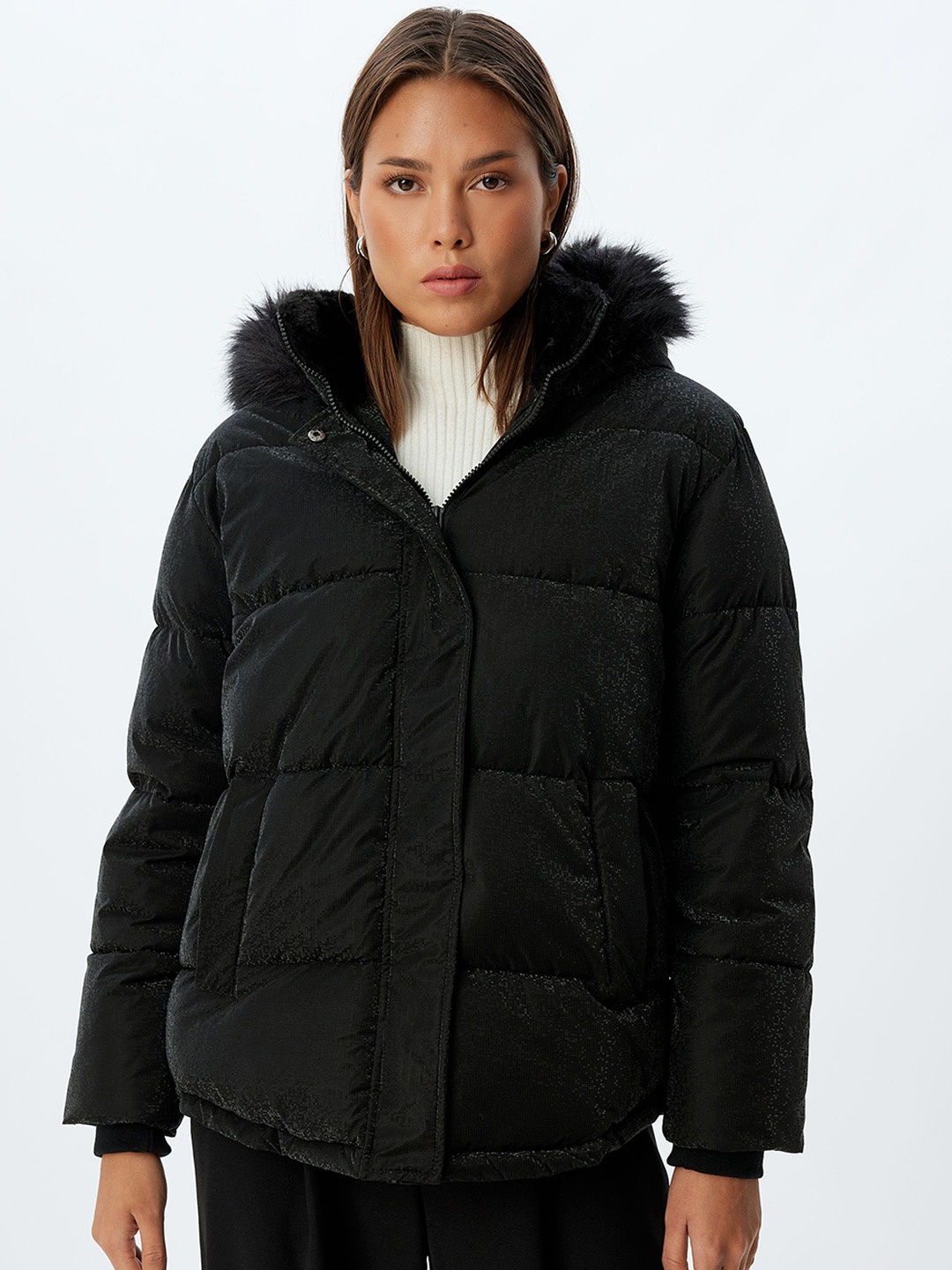 

Koton Women Hooded Solid Casual Parka Jacket, Black