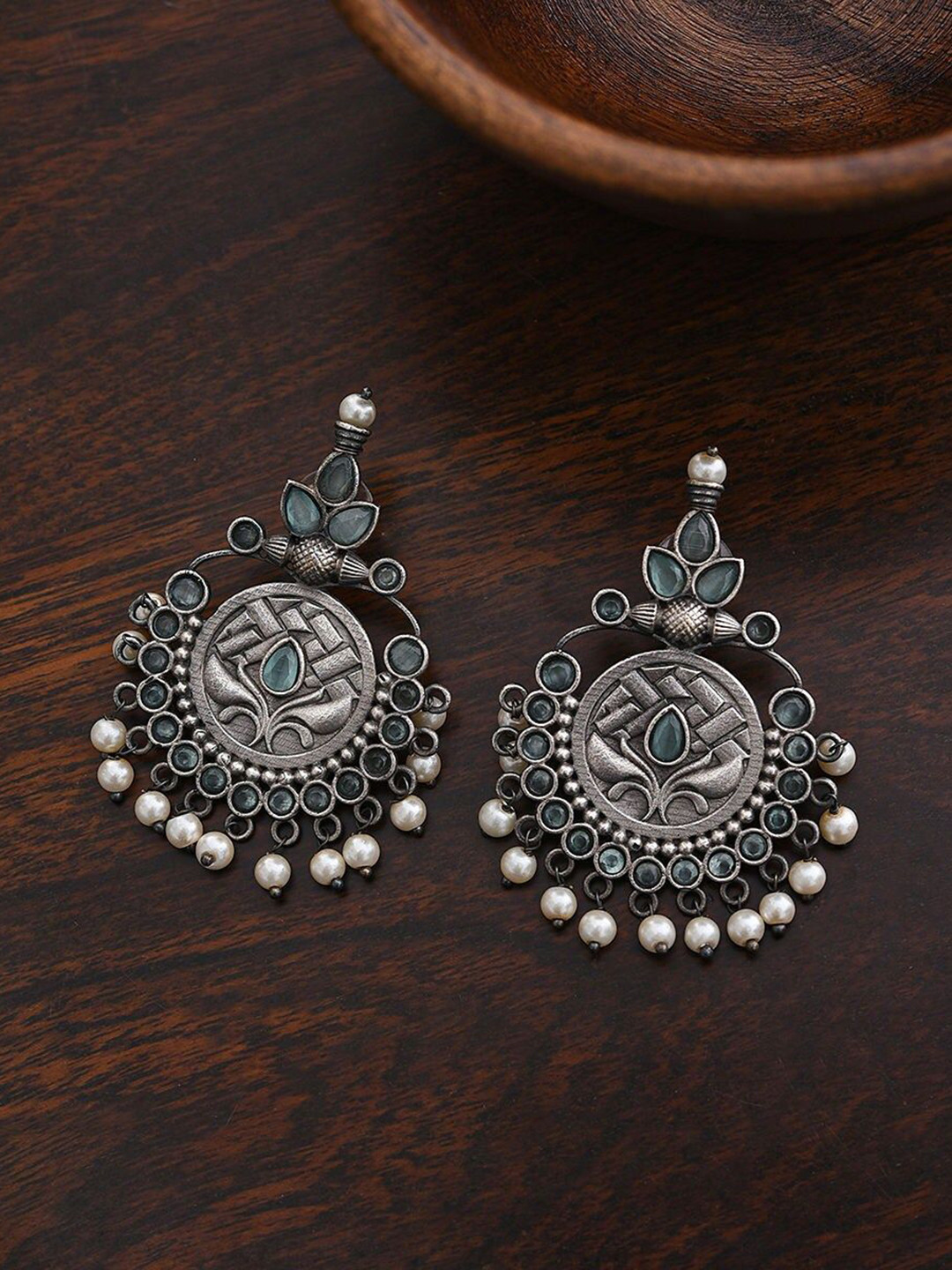 

JAYPORE Silver-Plated Oxidised Contemporary Drop Earrings