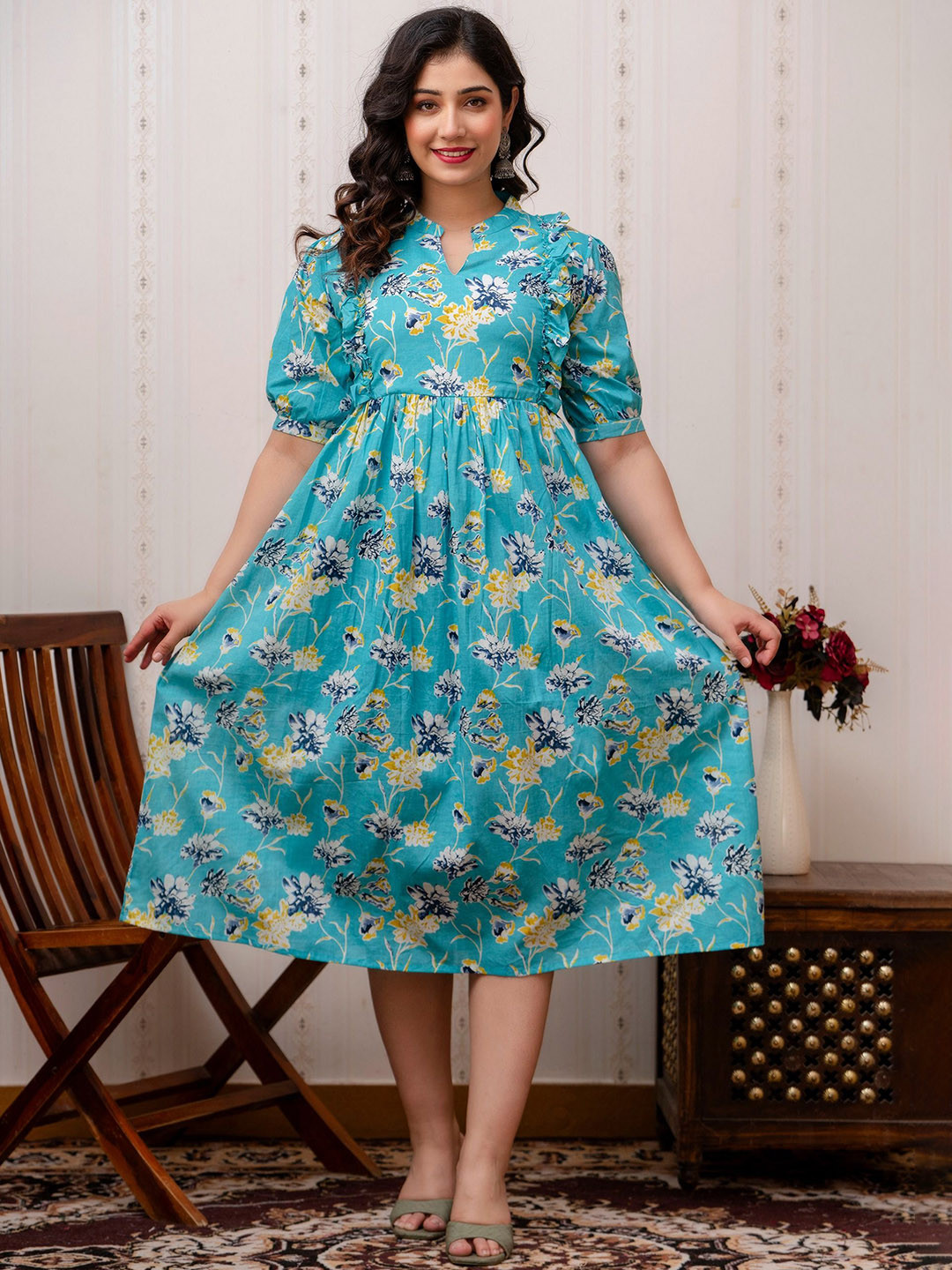 

CELEBRAVO Women Printed Pure Cotton Fit and Flared Maternity Dress, Blue
