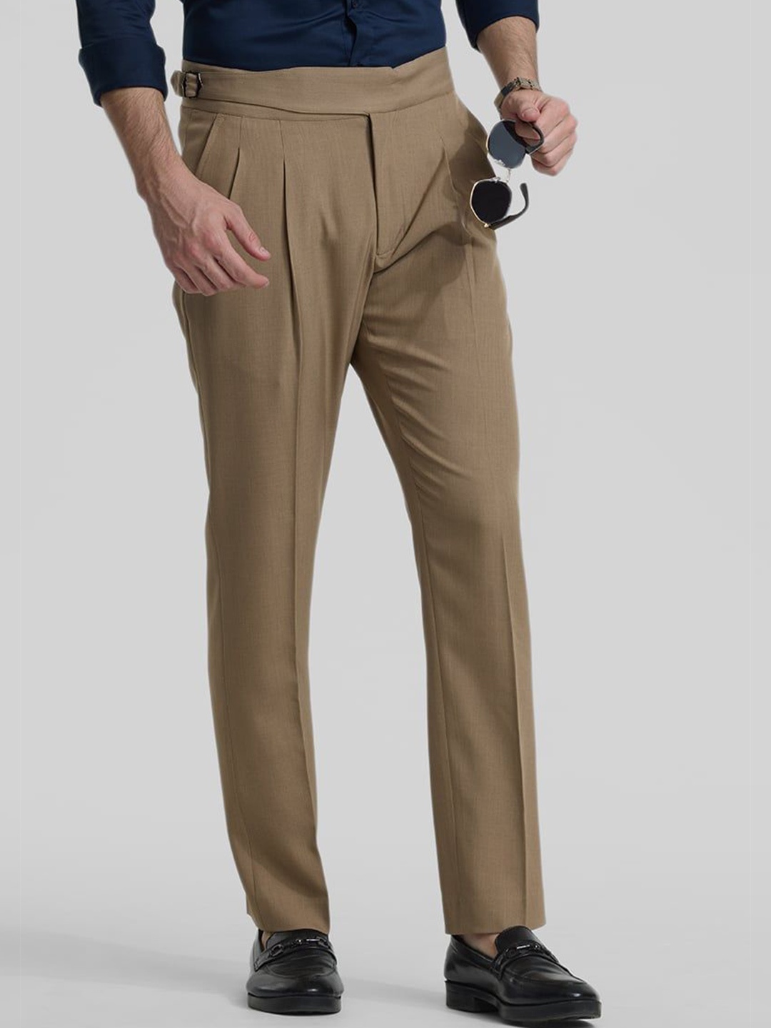 

Snitch Men Smart Slim Fit Pleated Trousers, Brown