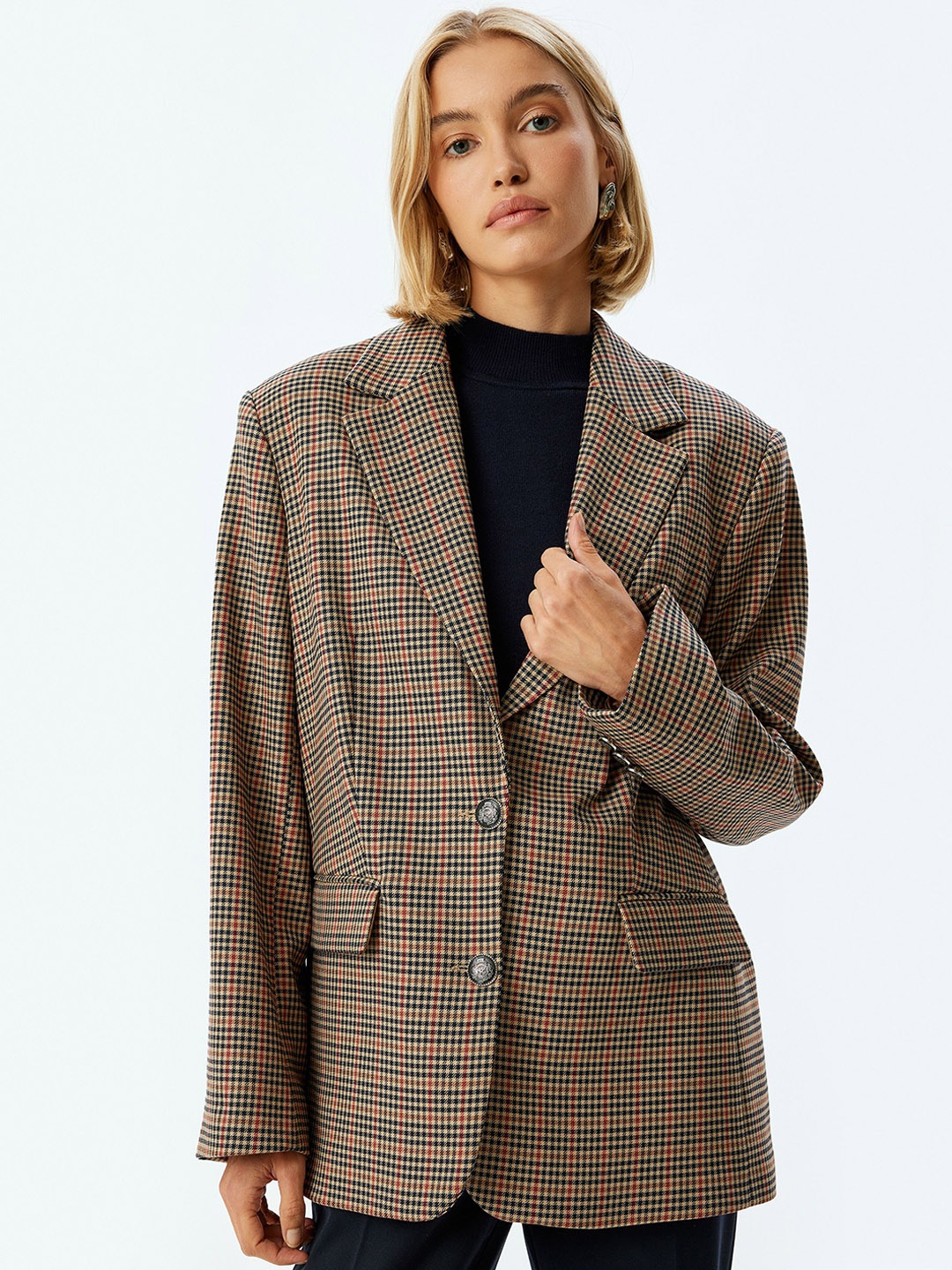 

Koton Checked Single Breasted Blazer, Pink