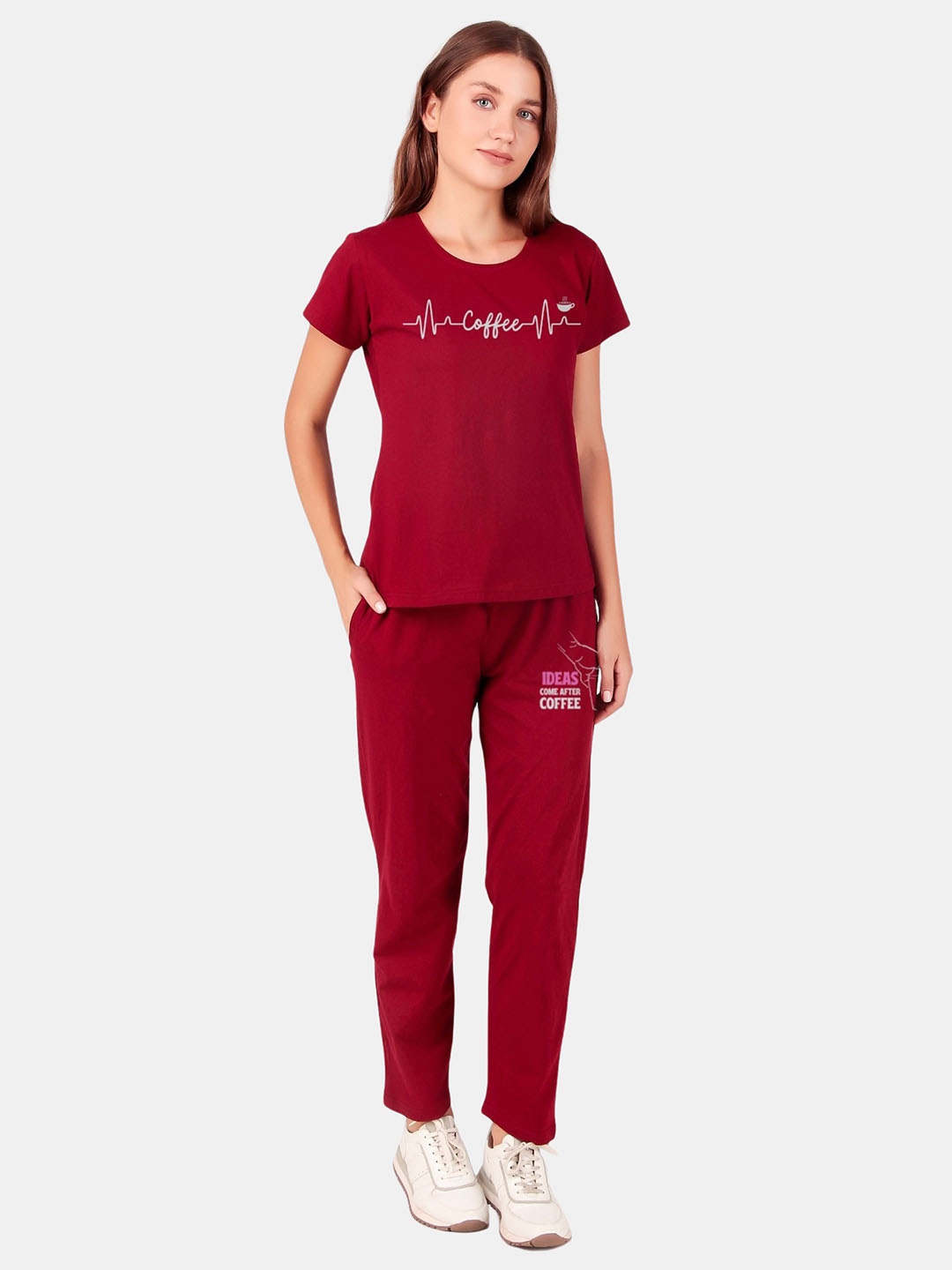 

Fasense Printed Pure Cotton T-shirt & Trousers Co-Ords, Maroon