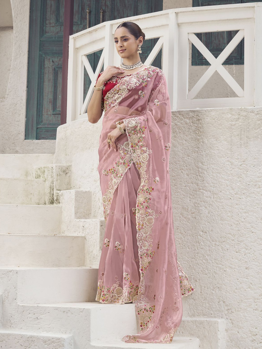 

ODETTE Floral Embroidered Poly Georgette Saree, Pink