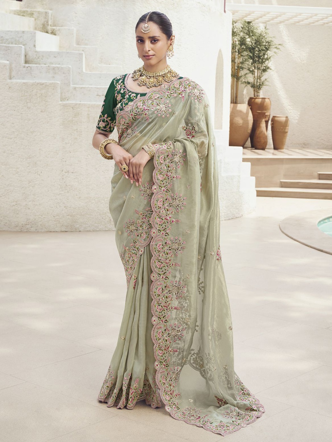 

ODETTE Floral Embroidered Silk Blend Saree, Olive