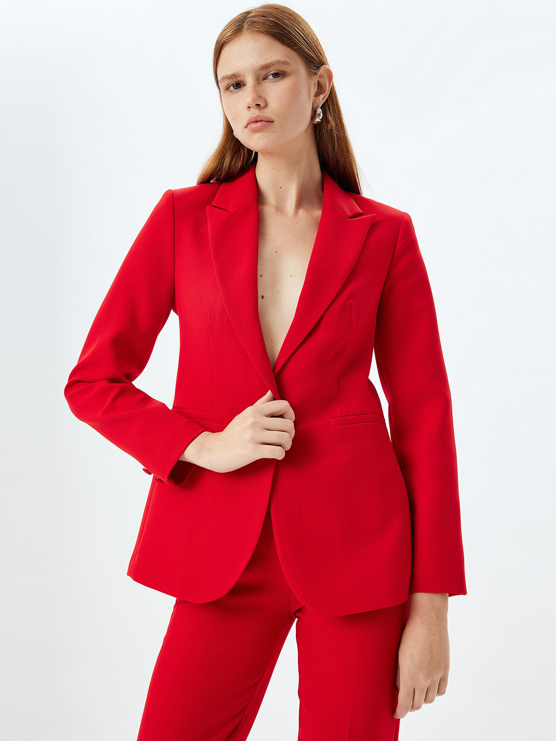 

Koton Women Lapel Collar Solid Casual Tailored Jacket, Red