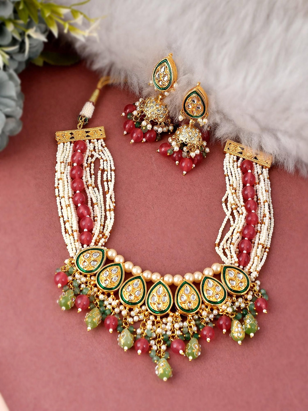 

DASTOOR Gold-Plated Stone Studded And Beaded Necklace & Earrings